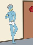 3:4 anthro anthrofied bagon barefoot blue_body blue_cellphone blue_eyes blue_scales briefs briefs_only bulge cellphone clothed clothing door electronics feet fuze generation_3_pokemon grey_hair hair hallway hi_res holding_cellphone holding_object holding_phone inside leaning leaning_on_wall male navel nintendo nipples phone pokemon pokemon_(species) pokemorph scales smile solo teeth_showing tighty_whities topless underwear underwear_only white_briefs white_clothing white_underwear yellow_body yellow_cellphone yellow_scales