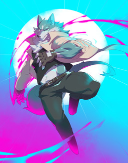 anthro belt black_clothing black_shirt black_topwear blue_body blue_fur bottomwear claws clothing coat fingerless_gloves fur gloves glowing glowing_eyes green_bottomwear green_clothing green_eyes green_pants handwear male midriff pants shirt solo topwear white_body white_fur vorusuarts brand_new_animal studio_trigger shirou_ogami canid canine canis mammal wolf absurd_res hi_res
