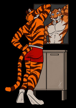 anthro athletic athletic_anthro athletic_male blue_eyes bottomwear cheek_tuft clothed clothing facial_markings facial_tuft fur glistening glistening_eyes head_markings head_tuft male male_anthro markings mirror orange_body orange_fur rear_view red_bottomwear red_clothing smile solo standing striped_arms striped_body striped_face striped_fur striped_legs striped_markings striped_tail stripes tail tail_markings topless tuft white_body white_fur hufnaar hufnaar_(character) felid mammal pantherine tiger hi_res