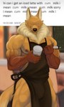 absurd_res apron barista beverage bulge canid canine canis chlorine_artworks clothing coffee daddy_kink english_text eyeless fluffy hi_res i_mean_breast_milk male mammal maplesyrupwolf meme muscular muscular_male suggestive text vein wolf