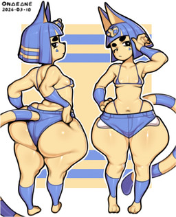 anthro big_butt bikini bikini_bottom bikini_top blue_hair bob_cut bottomwear breasts butt claws clothing denim denim_bottomwear denim_clothing denim_shorts eyeliner female hair hands_on_own_hips huge_butt makeup markings micro_bikini multiple_angles navel one_eye_closed shorts small_breasts solo standing striped_markings striped_tail stripes swimwear tail tail_markings thick_thighs two-piece_swimsuit uraeus wide_hips yellow_body onae_ane animal_crossing nintendo ankha_(animal_crossing) domestic_cat felid feline felis mammal 2026 dated full-length_portrait hi_res portrait