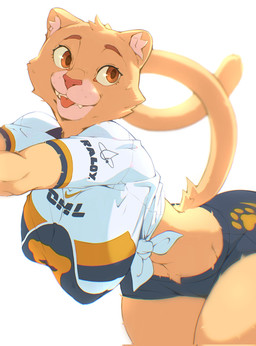 anthro athlete big_breasts big_butt black_bottomwear black_clothing black_shirt black_shorts black_topwear bottomwear breasts brown_eyes brown_pupils butt clothing female fur hotpants inner_ear_fluff looking_away mascot nipple_outline orange_clothing orange_shirt orange_topwear pupils shirt shorts simple_background smile solo tan_body tan_fur tan_inner_ear thick_thighs tied_shirt topwear tuft whisker_spots white_background white_body white_clothing white_fur white_inner_ear_fluff white_shirt white_topwear yellow_body yellow_fur fedor_(artist) club_universidad_nacional dhl liga_mx nike goya_(pumas_unam) cougar felid feline mammal 2026 hi_res