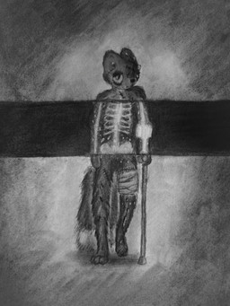 ambiguous_gender anthro bandage bandaged_leg biped blood bodily_fluids bone crutch disability feet fluffy fluffy_tail fur immobile looking_at_viewer medical_instrument scar scientific_instrument shrapnel simple_background skeleton solo standing tail tired_eyes wounded x-ray_view tangerinefox casualties:_unknown canid canine expie_(gunsawian) gunsawian hybrid mammal murid rodent 2026 absurd_res chalk_(artwork) charcoal_(artwork) graphite_(artwork) greyscale hi_res monochrome traditional_media_(artwork)