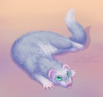 ambiguous_gender barely_visible_pawpads blep claws cloudweaver_(artist) digital_media_(artwork) digital_painting_(artwork) dipstick_tail domestic_ferret feet female_(lore) feral fluffy fluffy_tail full-length_portrait fur green_eyes grey_body grey_fur hi_res horizontal_pupils looking_up lying mammal markings mustelid musteline on_side pawpads paws pink_inner_ear pink_nose pink_pawpads portrait pupils signature simple_background solo sunny_silver tail tail_markings tongue tongue_out true_musteline weasel white_body white_claws white_fur