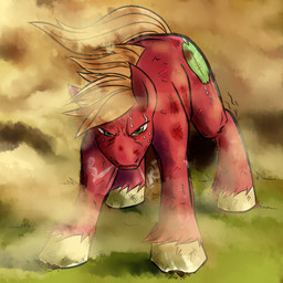 angry apple blonde_hair bodily_fluids cutie_mark detailed_background dust feral food freckles front_view fruit fur grass green_eyes hair hooves looking_at_viewer looking_forward male narrowed_eyes orange_hair orange_tail outside plant quadruped red_body red_fur snorting solo sweat tail toony explosivegent megasweet third-party_edit friendship_is_magic hasbro my_little_pony big_macintosh_(mlp) draft_horse earth_pony equid equine horse mammal pony 1:1 2011 color_edit colored digital_media_(artwork)