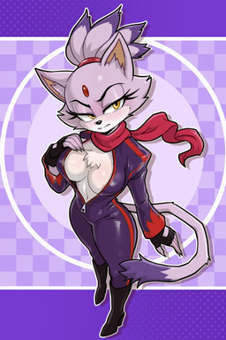 5_fingers abstract_background anthro areola areola_slip biped black_boots black_clothing black_eyebrows black_footwear black_gloves black_handwear black_nose bodysuit boots breasts cheek_tuft cleavage clothed clothed_anthro clothed_female clothing eyebrows eyelashes facial_tuft female female_anthro fingerless_gloves fingers footwear forehead_gem full_cleavage fur gem glistening glistening_eyes gloves half-closed_eyes handwear high_heeled_boots high_heels inner_ear_fluff leather leather_clothing long_sleeves looking_aside medium_breasts mouth_closed multicolored_body multicolored_bodysuit multicolored_clothing multicolored_fur multicolored_skinsuit narrowed_eyes outline pink_areola pupils purple_body purple_bodysuit purple_clothing purple_ears purple_fur purple_inner_ear_fluff purple_skinsuit red_bodysuit red_clothing red_gem red_scarf red_skinsuit scarf shoes skinsuit solo standing tail tan_inner_ear tight_clothing tuft two_tone_body two_tone_bodysuit two_tone_clothing two_tone_fur two_tone_skinsuit white_body white_fur white_outline yellow_eyes zipper centinel303 sega sonic_the_hedgehog_(series) blaze_the_cat domestic_cat felid feline felis mammal 2026 2:3 hi_res