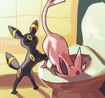 3_toes acting_like_a_cat bathroom black_body black_fur derp_eyes feet feral flehmen_response forked_tail fur humor pink_body pink_fur tail toes toilet unusual_anatomy unusual_tail blitzdrachin conditional_dnp nintendo pokemon eeveelution espeon generation_2_pokemon pokemon_(species) umbreon 2024 hi_res