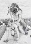 2024 absurd_res anal anal_penetration bodily_fluids bovid bovine drooling duo english_text european_mythology from_behind_position greek_mythology hi_res hooves horn human humanoid labyrinth male male/male mammal marc_debauch minotaur muscular mythology navel penetration saliva sex text theseus url