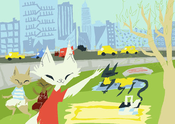 ambiguous_gender anthro basket bedding black_body black_fur blanket blue_clothing blue_shirt blue_topwear brown_body brown_fur building car city clothing container fur gesture grass group outside overalls picnic picnic_basket plant red_clothing red_shirt red_topwear road shirt topwear tree urban vehicle waving white_body white_fur naircat domestic_cat felid feline felis mammal 2017 digital_drawing_(artwork) digital_media_(artwork) microsoft_paint_(artwork)