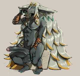 3_eyes anthro balls big_balls big_ears big_penis bodily_fluids bracelet dripping ear_piercing ear_ring erection foreskin fur fur_markings genital_fluids genitals hair horn humanoid_genitalia humanoid_penis jewelry long_hair long_penis male markings multi_eye nude penis piercing precum precum_drip ring_piercing sitting solo thick_thighs royer27_xd nintendo tears_of_the_kingdom the_legend_of_zelda rauru_(tears_of_the_kingdom) zonai hi_res