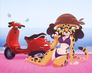 anthro bandanna_on_head beach belly_tuft bikini biped black_hair blue_sclera chest_tuft clothing detailed_background female floor fur gesture hair hand_gesture huge_hips looking_at_viewer markings navel scooter seductive sitting sitting_on_ground small_waist solo spots spotted_body spotted_fur swimwear tan_body tan_fur thick_thighs tile tile_floor tuft two-piece_swimsuit wide_hips yellow_body yellow_fur pusszone talibah_(pusszone) cheetah felid feline mammal 2025 hi_res