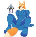 anthro armor blush bodily_fluids bulge clothed clothing cosplay crossover_cosplay duo embarrassed fur grey_body grey_fur male multicolored_body multicolored_fur orange_body orange_fur simple_background sitting smile standing sweat sweatdrop two_tone_body two_tone_fur white_background white_body white_fur zero_suit hicanyoumooforme metroid nintendo star_fox fox_mccloud wolf_o'donnell canid canine canis fox mammal wolf 2015 crossover hi_res