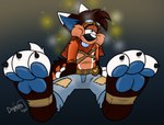 3_toes anthro blep claws clothing feet foot_focus male pawpads sitting smile solo toes tongue tongue_out dingoroo archie_(thearchiefox) canid canine fox mammal hi_res