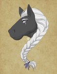 artist black_body black_fur braided_hair facial_scar fur grumpy hair scar simple_background solo white_hair crystalwhisker biers equid equine horse mammal hi_res portrait