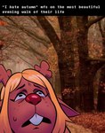 anthro antlers autumn_leaves blonde_hair bodily_fluids brown_body brown_face brown_fur buckteeth eyelashes face_focus female freckles fur hair horn horrified humor looking_up photo_background red_nose solo sweat teeth text angusburgers deltarune undertale_(series) noelle_holiday willem_dafoe deer mammal new_world_deer reindeer english_text hi_res meme photography_(artwork)