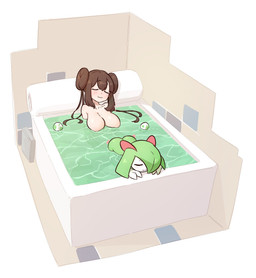 bathing bathtub big_breasts blush blush_lines breasts brown_hair butt double_bun duo eyelashes eyes_closed female green_pseudo_hair hair multicolored_body pseudo_hair relaxed_expression text two_tone_body water liveactors nintendo pokemon rosa_(pokemon) generation_3_pokemon human humanoid kirlia mammal pokemon_(species) 2023 hi_res japanese_text