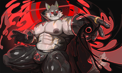 abs anthro barazoku big_bulge big_muscles big_nipples big_pecs black_latex black_liquid bottomwear bulge casting_spell clothing detailed_background dripping facial_markings fluffy fluffy_tail glistening glistening_clothing gloves handwear head_markings hood inner_ear_fluff latex latex_bottomwear latex_clothing latex_pants liquid_latex looking_at_viewer male markings muscular muscular_arms muscular_legs muscular_male nipples null_bulge pants pecs quads ring smile solo tail tuft wave uriex canid canine canis mammal wolf 5:3 hi_res