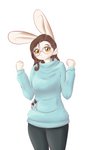 anthro blue_clothing blue_hoodie blue_topwear breasts brown_hair clothing duo eyebrows eyelashes eyewear female glasses hair hoodie looking_at_viewer smile topwear yellow_eyes alasou alissa_(alasou) domestic_cat felid feline felis lagomorph leporid mammal rabbit 2020 digital_media_(artwork) hi_res