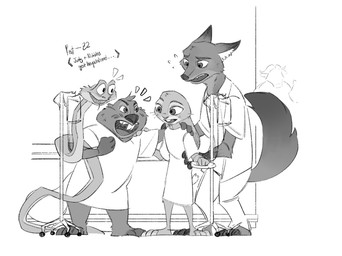anthro buckteeth fangs female feral fox_tail group horn hospital_gown iv_bag male paws pointy_ears post_canon rabbit_ears scales teeth gyeran1004 disney zootopia chief_bogo gary_de'snake judy_hopps nibbles_maplestick nick_wilde beaver canid canine european_rabbit fox lagomorph leporid mammal oryctolagus pit_viper rabbit red_fox reptile rodent scalie snake true_fox viper 4:3 black_and_white monochrome