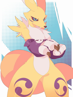 3_fingers anthro arm_tuft armwear black_sclera blue_eyes breasts bridal_gauntlets cheek_markings cheek_tuft chest_tuft clothing countershade_hands countershade_torso countershading dipstick_ears ear_markings eyelashes facial_markings facial_tuft female female_anthro fingers fur glistening_thighs gloves_(marking) head_markings leg_markings markings medium_breasts multicolored_body multicolored_ears multicolored_fur nails purple_body purple_fur sharp_nails shoulder_tuft small_waist tail thigh_markings tuft white_body white_fur wide_hips yellow_body yellow_fur yin_yang rullu_1507 bandai_namco digimon canid canine digimon_(species) fox mammal renamon 2026 absurd_res digital_drawing_(artwork) digital_media_(artwork) hi_res