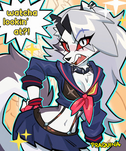 anthro biped bottomwear breasts cleavage clothed clothed_anthro clothed_female clothing collar cosplay countershade_fur countershade_torso countershading crossover_cosplay dialogue ear_piercing female fingerless_armwear fingerless_gloves front_view fully_clothed fully_clothed_anthro fully_clothed_female fur gloves grey_body grey_fur grey_hair grey_tail hair handwear looking_at_viewer navel open_mouth piercing red_sclera simple_background skirt solo speech_bubble spiked_collar spikes standing tail talking_to_viewer teeth text tongue topwear white_hair praquina hellaverse helluva_boss kill_la_kill mythology studio_trigger loona_(helluva_boss) ryuko_matoi senketsu canid canid_demon canine demon hellhound mammal mythological_canine mythological_creature 2026 crossover digital_drawing_(artwork) digital_media_(artwork) english_text hi_res