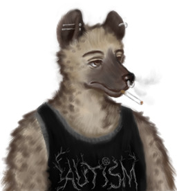 anthro brown_eyes cigarette cigarette_in_mouth cigarette_smoke clothing ear_piercing ear_ring ears_up eyebrows facial_piercing fur looking_forward male nose_piercing nose_ring object_in_mouth piercing ring_piercing shirt smoke smoking smoking_cigarette solo tank_top text text_on_clothing text_on_shirt text_on_tank_top text_on_topwear topwear reynard_goodfellow hyena mammal