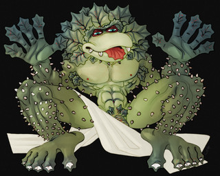 abs big_feet crotch_covered crouching feet leaf male muscular muscular_male narrowed_eyes nipples not_furry pecs peeking_penis plant puppet raised_hands red_eyelids red_nipples red_tongue silly_pose simple_background small_nipples small_waist solo spikes spiky_body tongue tongue_out towel ravuer grotbags nettle norman_nettle humanoid 5:4 absurd_res hi_res