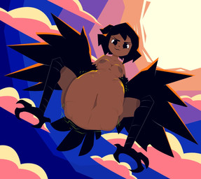 abdominal_bulge ambiguous_gender ambiguous_prey belly big_belly black_body black_feathers black_hair breasts brown_body claws cloud feathers female female_pred hair huge_belly humanoid_pred hyper hyper_belly low-angle_view medium_breasts navel nipples overweight overweight_female overweight_humanoid shake_lines sky smug smug_expression smug_face solo spread_legs spreading sun toe_claws vore smuggoblin european_mythology greek_mythology mythology mariposa_(smuggoblin) animal_humanoid avian avian_humanoid harpy harpy_humanoid humanoid mythological_avian mythological_creature 2025 digital_drawing_(artwork) digital_media_(artwork)