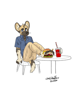 anthro barefoot big_ears blue_eyes bottomwear burger chair clothing ears_up eyebrows feet feet_in_food food food_fetish food_on_feet food_play foot_fetish foot_focus footwear fries fur furniture humanoid_feet ketchup looking_at_viewer male on_chair pants plantigrade shirt sitting sitting_on_chair socks solo table tail topwear bartek22 african_wild_dog canid canine mammal 4:5 absurd_res hi_res