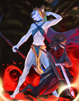 4_toes anthro archer arrow_(weapon) barefoot black_body black_ears black_fur blue_body blue_claws blue_eyes blue_fur blue_hair blue_nose blue_tail blue_tongue bow_(weapon) breasts claws clothed clothing digitigrade duo ear_fur feet female fur gloves hair handwear holding_object holding_weapon hood horn lips male male/female melee_weapon open_mouth ranged_weapon sword tail toes tongue weapon white_body white_fur white_hair white_lips white_nose white_tail kirsenter amber_puppy bovid canid canine canis caprine mammal wolf absurd_res hi_res huge_filesize herm_(lore)