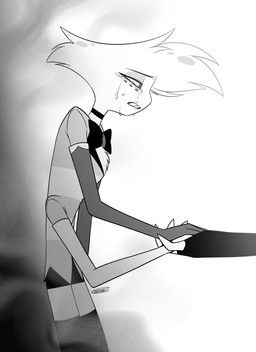 4_arms bodily_fluids clothed clothing crying duo hand_holding male multi_arm multi_limb simple_background solo_focus tears white_background enaic31 hazbin_hotel hellaverse angel_dust husk_(hazbin_hotel) arachnid arthropod demon humanoid spider absurd_res hi_res monochrome