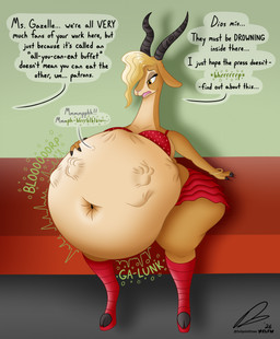 abdominal_bulge anthro anthro_pred belly big_belly bottomwear bra brown_belly brown_eyes clothing deep_navel digestion digestion_noises duo female horn huge_belly morbidly_obese muffled muffled_speech navel obese overweight red_bottomwear red_bra red_clothing red_shorts red_underwear shorts soft_vore solo sound_effects speech_bubble stuffing text underwear vore weight_gain dullpoint disney zootopia gazelle_(zootopia) antelope bovid gazelle mammal 2026 english_text hi_res signature