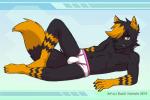 anthro black_body black_fur black_tail briefs bulge clothing fur looking_at_viewer lying male multicolored_tail navel nipples one_eye_obstructed smile smirk solo tail underwear yellow_eyes yellow_tail raxkiyamato saberleo_(character) canid canine canis coyote mammal