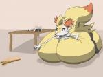 anthro big_breasts blush breast_expansion breasts expansion female fire food furniture huge_breasts hyper immobile inflation inner_ear_fluff lying lying_on_self on_front onigiri resting_on_belly rice solo stick table tuft nooxgard nintendo pokemon braixen canid canine generation_6_pokemon mammal pokemon_(species) 2013 4:3