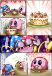 alien ambiguous_gender blue_eyes blush box_xod cake clothing comic dessert duo eating food fool's_hat gloves handwear hat headgear headwear japanese_text kirby kirby_(series) marx_(kirby) nintendo open_mouth smile text tongue translated waddling_head wings