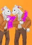 anthro blue_eyes bone bread clone cloning clothing duo fangs food fringe_clothing fur horn jewelry looking_at_viewer magic magic_user male orange_background simple_background smile teeth white_body white_fur wispypie robyn_crawford bovid caprine goat mammal vampire werecreature absurd_res hi_res