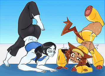 anthro big_butt black_hair bottomwear breasts brown_hair butt clothing duo female hair huge_butt long_hair mechanical_arm pants short_hair yoga_mat yoga_pants gallo_wazavi gameoverse glitch_productions wii_fit kit_bodega wii_fit_trainer domestic_cat felid feline felis human mammal hi_res