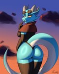 anthro armwear big_butt blue_body breasts butt clothed clothing cloud eyewear female goggles horn legwear looking_at_viewer looking_back looking_back_at_viewer open_mouth smile solo tail thick_thighs thigh_highs thong underwear wide_hips yellow_eyes conditional_dnp paradoxing skye_(paradoxing) kobold 2024 4:5 digital_media_(artwork) digital_painting_(artwork) hi_res signature