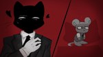 anthro black_tie_(suit) blush blush_lines bodily_fluids clothing duo eye_contact heart_symbol looking_at_another male male/male predator/prey red_background scared shadow simple_background size_difference suit sweat topwear vest bunnycat bunnycatevil domestic_cat felid feline felis mammal mouse murid murine rodent