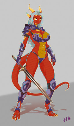 amber_eyes anthro armor big_breasts bikini_armor breasts cleavage clothed clothing female fire_warrior guantlets horn melee_weapon metal_bra navel non-mammal_breasts non-mammal_navel red_body red_scales scales solo sword tail unconvincing_armor ventral_scales weapon mazinga669 mythology ignia_(alphaleader) elemental_creature mythological_creature mythological_salamander mythological_scalie scalie absurd_res hi_res story story_in_description adopted_(lore) adopted_daughter_(lore) daughter_(lore)