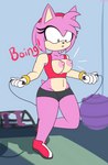 anthro athletic_wear boing bottomwear bouncing_breasts bra breasts clothed clothing exercise exercise_ball exercise_clothing exposed_breasts female hotpants jump_rope jumping midriff navel nipples shocked shorts solo sports_bra surprised_expression underwear wardrobe_malfunction workout jakel009 sega sonic_the_hedgehog_(series) amy_rose eulipotyphlan hedgehog mammal absurd_res hi_res