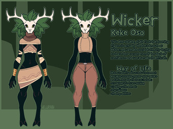ambiguous_gender anthro armwear biped black_body black_claws black_hooves black_sclera bone bone_mask bottomwear claws clothing green_hair hair hooves horn mask orange_eyes skull skull_mask solo tan_clothing text topwear white_clothing white_horn wide_hips conditional_dnp welwraith scraper_city wicker_(welwraith) deer mammal 2023 aliasing binary_drawing digital_drawing_(artwork) digital_media_(artwork) english_text model_sheet watermark female_(lore)