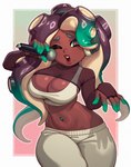 2024 5_fingers big_breasts bottomwear breasts cephalopod cleavage clothed clothing electronics eyebrows female fingers hi_res holding_microphone holding_object marina_(splatoon) marine microphone mollusk navel navel_piercing nintendo octarian octoling one_eye_closed open_mouth pants piercing pseudo_hair rizdraws solo splatoon tentacle_hair tentacles topwear white_bottomwear white_clothing white_pants white_topwear