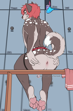 anthro anus bench biped butt clothed clothing countershading dildo grin hair inside jockstrap locker locker_room looking_at_viewer looking_back male on_bench partially_clothed presenting presenting_hindquarters sex_toy short_hair sitting smile solo tongue tongue_out topless underwear kyrosh silus_(sacil) canid canine canis domestic_dog husky mammal nordic_sled_dog spitz 2018 digital_media_(artwork) hi_res