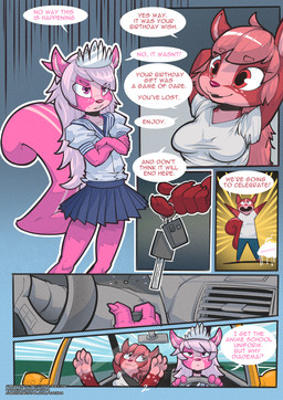 anthro blue_bottomwear blue_clothing blue_skirt bottomwear clothed clothing crossdressing dialogue duo female fur hair male pink_body pink_fur pleated_skirt skirt text ratcha mammal rodent sciurid tree_squirrel 2019 comic digital_media_(artwork) english_text hi_res multiple_scenes brother_(lore) brother_and_sister_(lore) sibling_(lore) sister_(lore)