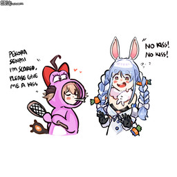 accessory ahoge anime_style awkward awkward_moment awkward_smile blue_hair blush blush_lines bodysuit bow_ribbon braided_hair brown_hair button_(fastener) carrot_accessory cheeky clothing duo emanata eyes_closed female gloves hair hair_accessory hair_bow hair_ribbon handwear heart_symbol holding_object kissy_face looking_at_another multicolored_hair neckwarmer neckwear open_mouth pale_skin pigtails pink_clothing pink_suit pockets rabbit_ears refusal ribbons simple_background skinsuit strapon suit text tight_clothing twin_braids twitter_handle white_background white_clothing funfundzwanzig hololive vtuber birdo_(character) gigi_murin usada_pekora animal_humanoid human humanoid lagomorph lagomorph_humanoid leporid_humanoid mammal mammal_humanoid rabbit_humanoid 1:1 2026 absurd_res english_text hi_res signature