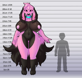 anthro big_breasts black_body black_fur breasts chart collar digitigrade female floppy_ears fox_tail fur genitals height_chart height_comparison huge_breasts huge_hips huge_thighs larger_female leg_markings looking_at_viewer markings multi_tail nipples nude nude_anthro pink_body pink_eyes pink_fur pink_nipples pink_sclera size_difference socks_(marking) solo tail thick_thighs vulva wide_hips kurotodraw maen lagomorph leporid mammal rabbit absurd_res hi_res
