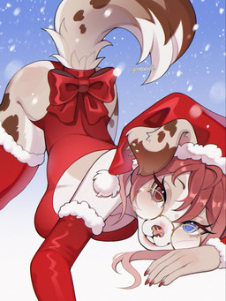 anthro ass_up bangs blue_eyes blush body_blush breasts brown_eyes brown_markings butt butt_blush christmas_clothing christmas_headwear claws clothing ear_piercing eyewear female fingers floppy_ears fur furgonomics glasses hat headgear headwear heterochromia holidays legwear leotard markings medium_breasts piercing red_bow red_clothing red_legwear red_leotard red_stockings round_glasses santa_hat simple_background smile snow snowing solo stockings tail tan_body tan_fur two_tone_nose wearing_glasses white_body white_fur cepto_(artist) christmas canid canine canis domestic_dog mammal 3:4 colored digital_drawing_(artwork) digital_media_(artwork) hi_res shaded