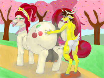 accessory animal_genitalia anthro anthro_on_feral antlers bestiality big_butt big_teats blush bodily_fluids brick brown_eyes brown_hair butt butt_grab cherry cherry_blossom cherry_tree clitoral_winking clitoris cutie_mark darkened_genitalia digitigrade dock_(anatomy) duo erection eye_roll eyeshadow female female_feral female_penetrated feral flower food from_behind_position fruit fruit_tree fur genital_fluids genitals grass green_eyes hair hand_on_butt headband hill hooves horn huge_butt huge_hips interspecies landscape larger_female looking_pleasured makeup male male/female male_penetrating male_penetrating_female markings medial_ring mole_(marking) multicolored_body nipples nude open_mouth outside_sex penetration penile penis plant prunus_(flower) quadruped red_hair red_penis scarf scut_tail sex short_tail size_difference skindentation smaller_male smile standing standing_sex tail tail_aside teats thick_thighs tongue tongue_out tree vaginal vaginal_fluids vein veiny_penis vulva white_body white_fur wide_hips kokopingas98 friendship_is_magic hasbro my_little_pony cherry_jubilee_(mlp) keith_(kokopingas98) deer earth_pony equid equine horse mammal new_world_deer pony white-tailed_deer 4:3 absurd_res digital_media_(artwork) hi_res