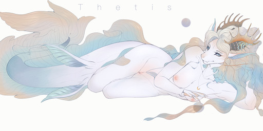 blue_eyes breasts butt female genitals lying nipples nude on_side solo split_form squish tail thetis thigh_squish vulva white_body kagami_jera mythology aquatic aquatic_dragon dragon hybrid merfolk mythological_creature mythological_scalie scalie absurd_res hi_res